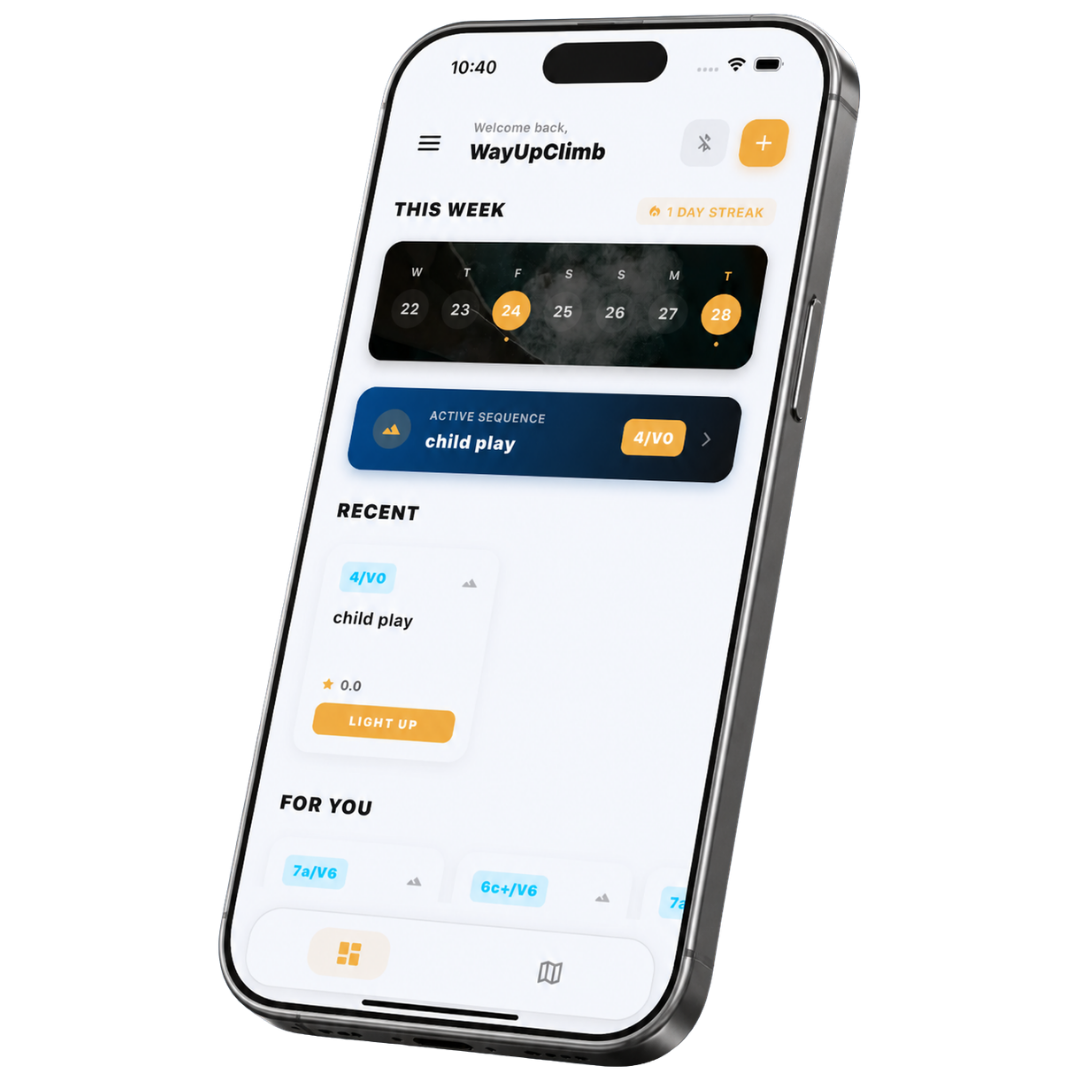 WayUpClimb training screen on an angled phone